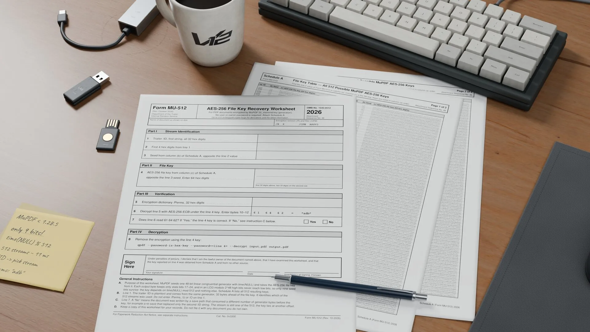 MuPDF AES-256 key recovery worksheets on a desk