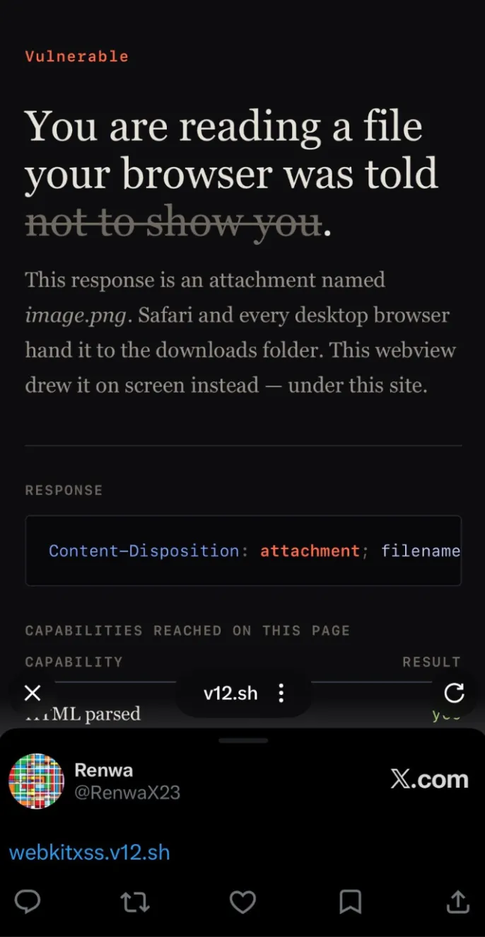 half-width A malicious attachment rendered in the X in-app browser instead of being downloaded