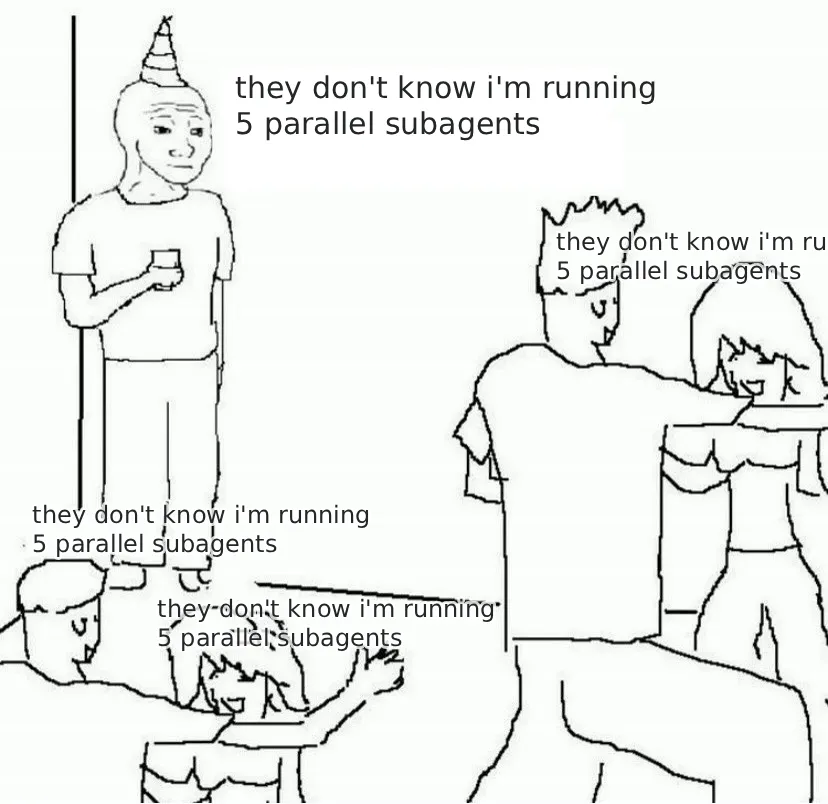 Wojak meme: everyone at the party is thinking “they don’t know i’m running 5 parallel subagents”