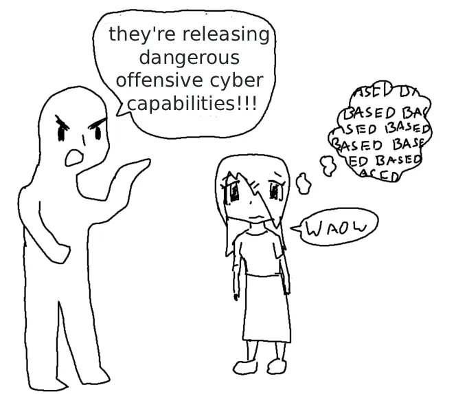 Meme: an angry figure shouts “they’re releasing dangerous offensive cyber capabilities!!!” at a girl who thinks “BASED BASED BASED” and says “waow”