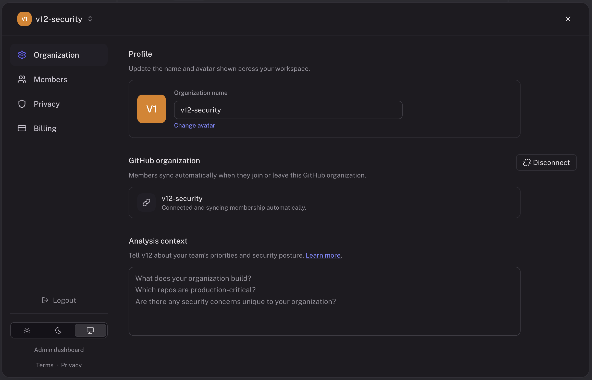 Settings → Organization showing the Analysis context textarea with prompts about what the team builds, which repos are production-critical, and security concerns unique to the organization.
